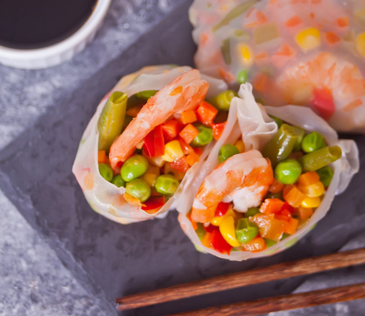 Veggie wraps are light and airy. Pair with an Asian sauce for extra flavor.